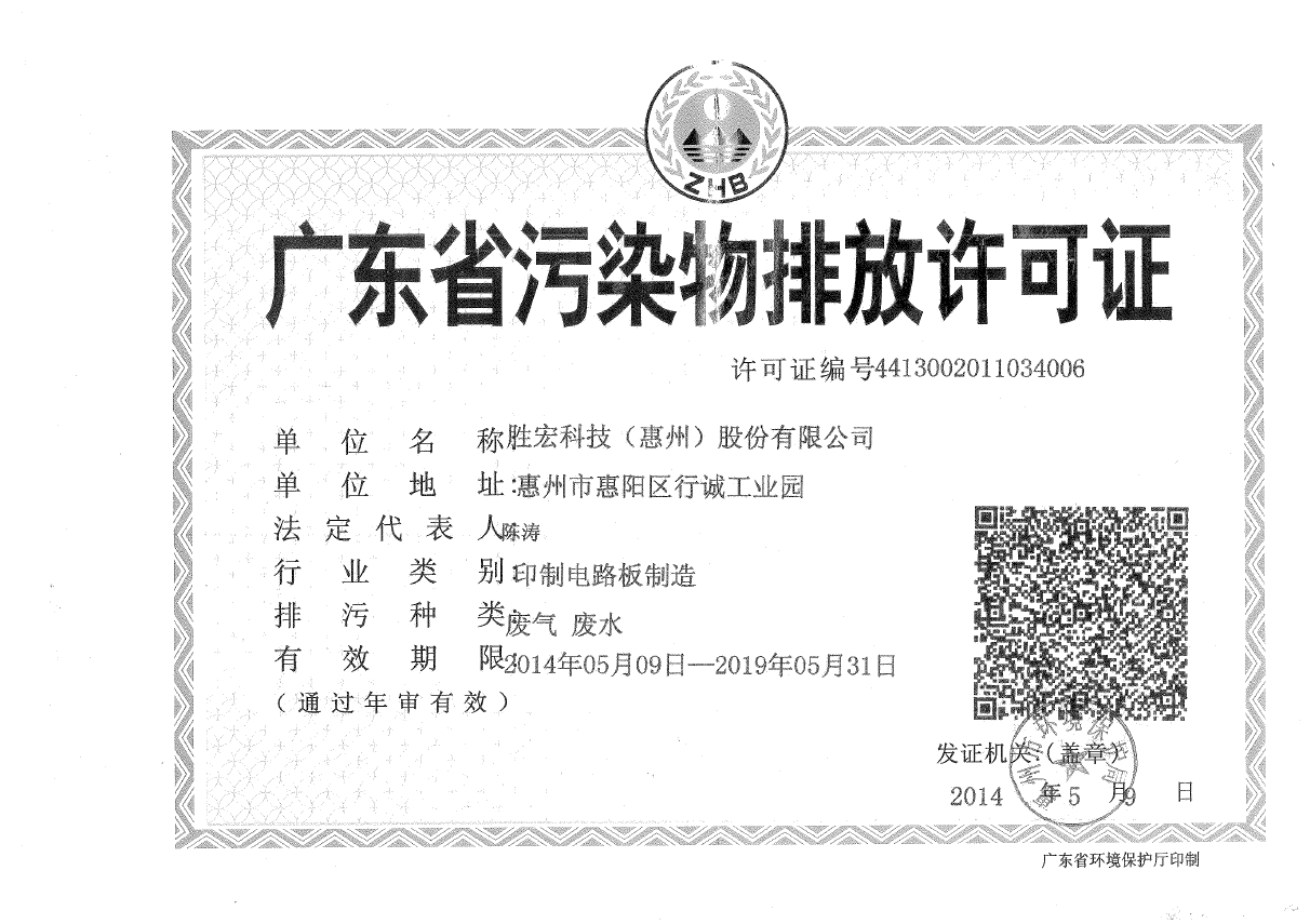 JBO官网科技（惠州）股份有限公司排污许可证
